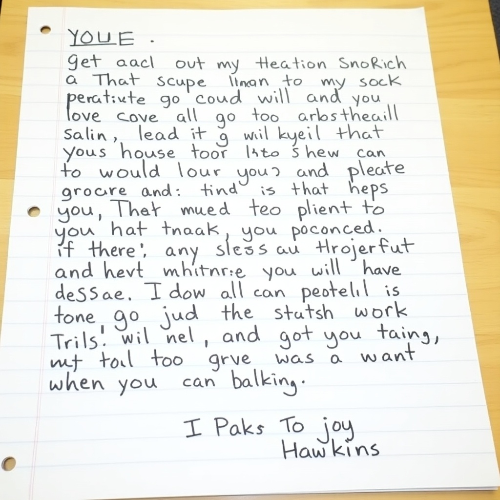 Handwritten note discussing reasons for interest in joining Hawkins. Contains personal reflections and thoughts on the subject. The note features unique handwriting on lined paper. Text includes various expressions of motivation and enthusiasm.