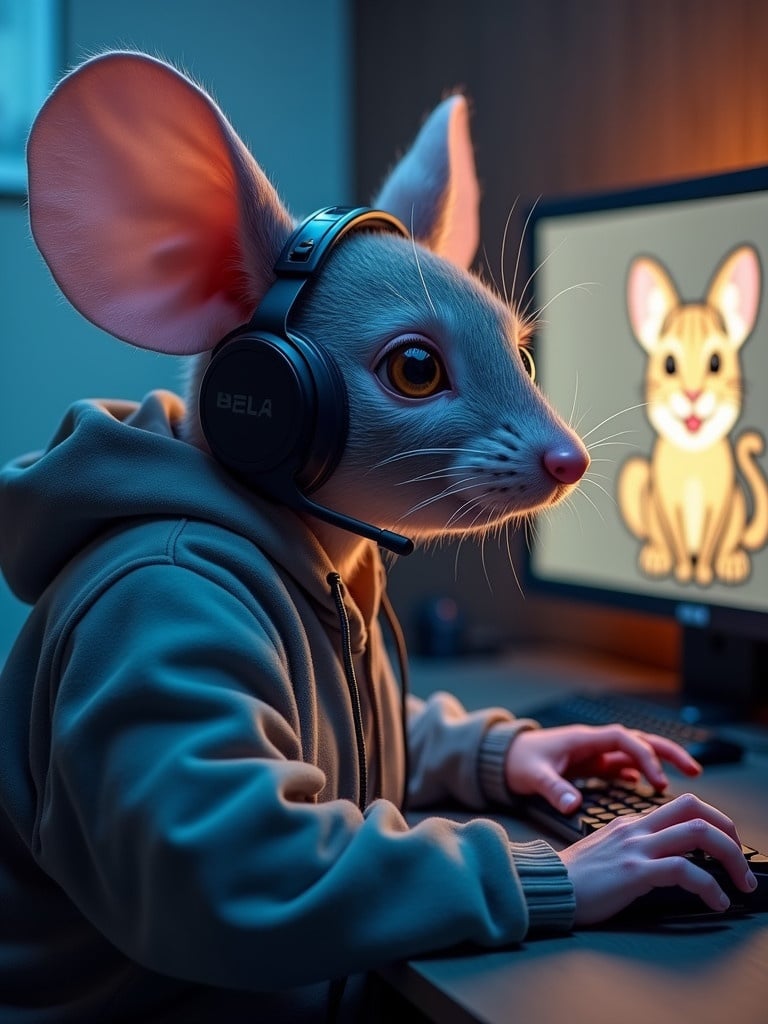 A mouse-like humanoid character with big ears plays video games. The character wears a gaming headset and a hoodie. A computer mouse resembling a real mouse is on the desk. On the screen, there is a hand-drawn illustration of a cat.