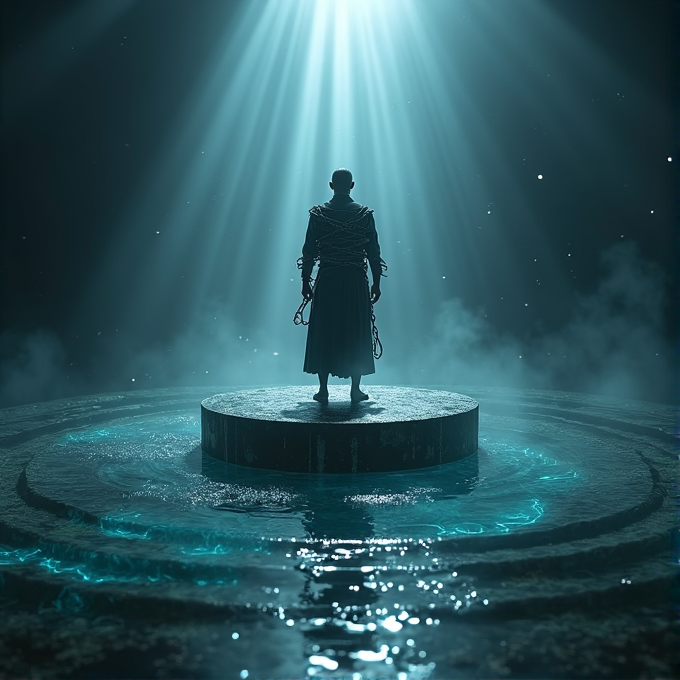 A solitary figure stands on a circular platform surrounded by rippling water, bathed in ethereal blue light from above.