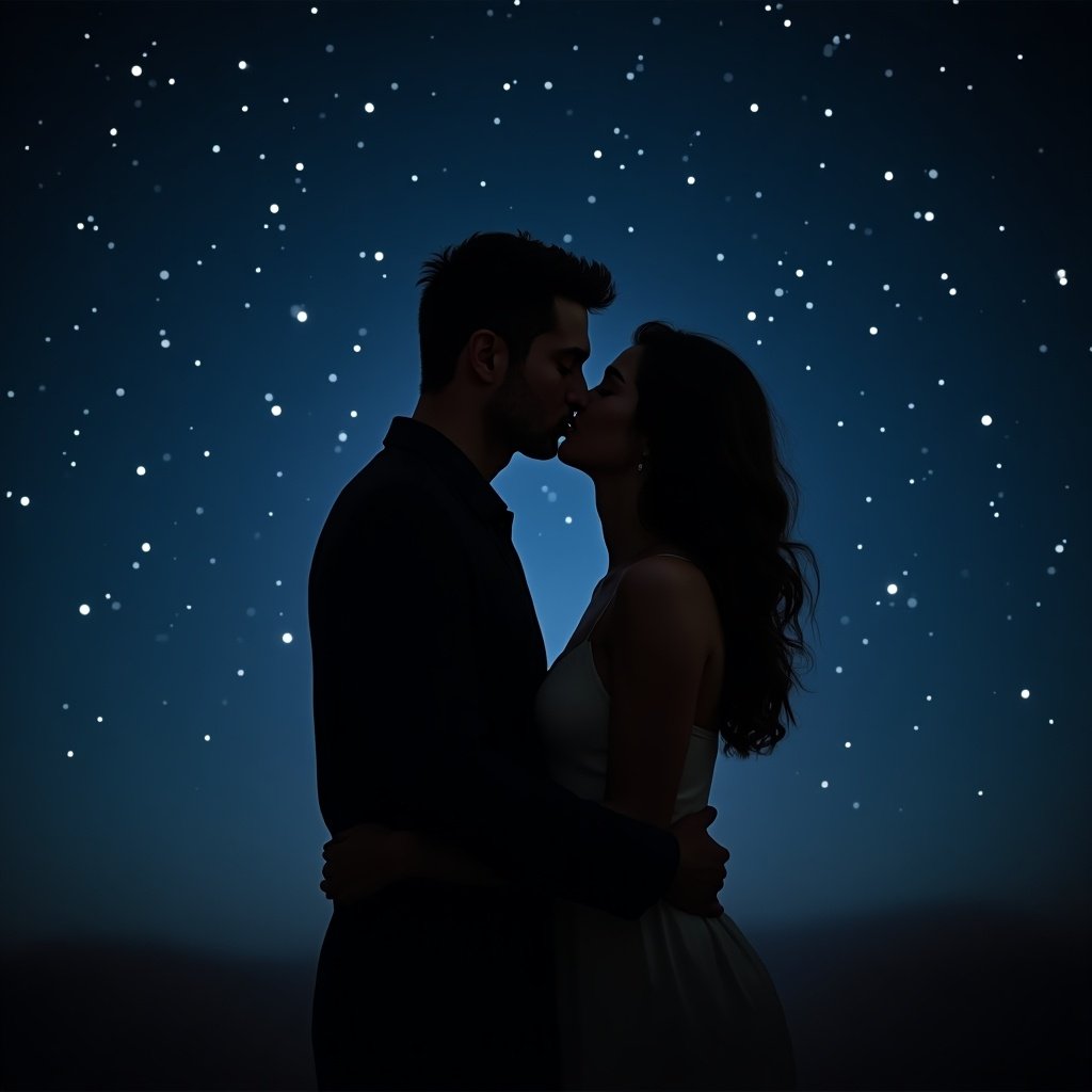 Couple kissing in a dark night under the sky with stars. The scene is romantic and intimate, featuring a starry background and silhouettes of a couple.