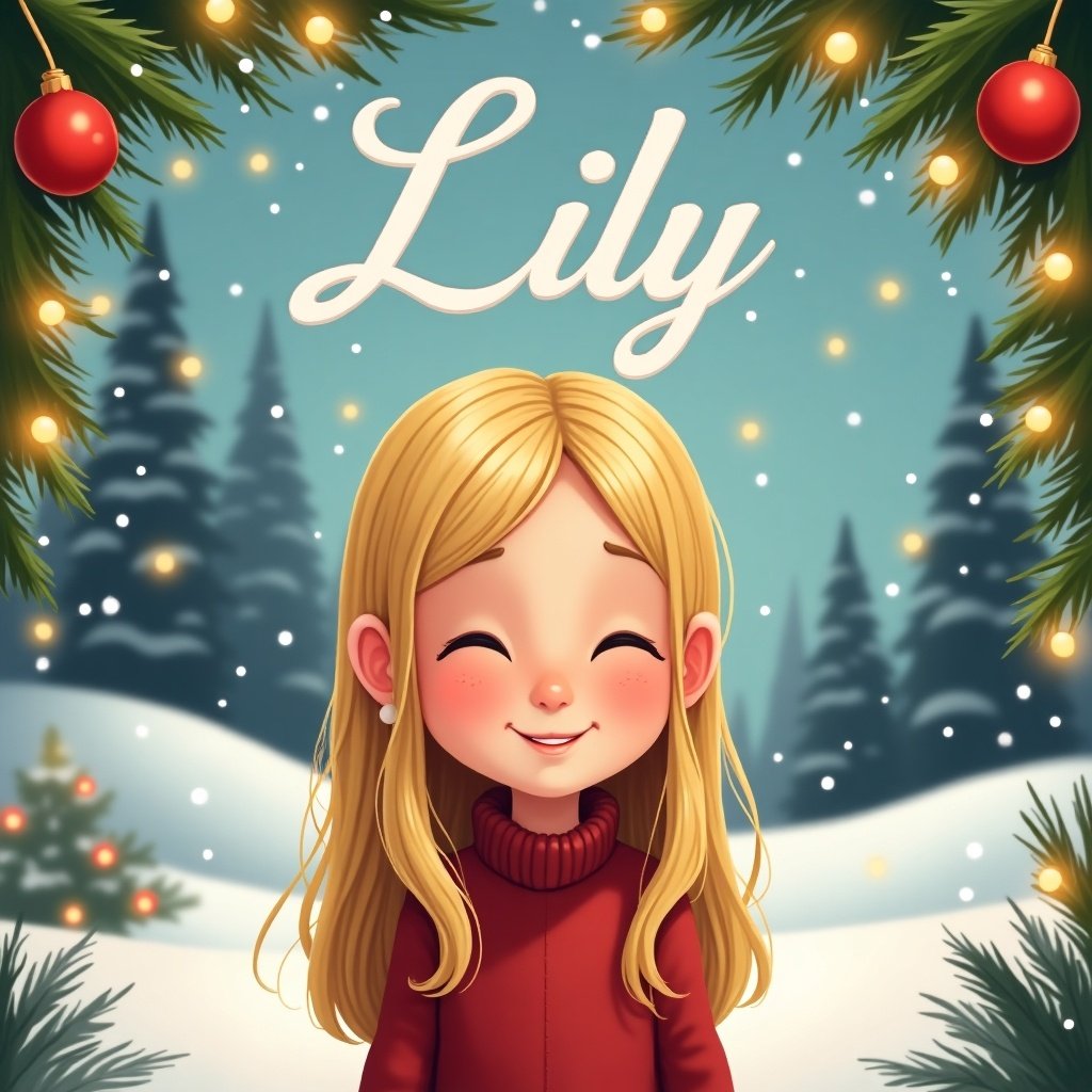 Cartoon girl with straight blonde hair. Christmas scene with snow. Writing says Lily. Smiling expression.