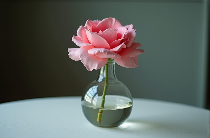 A single pink rose with lush petals sits in a small clear vase on a light surface.