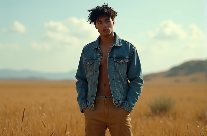 A person stands in a golden field, wearing a denim jacket and light brown pants, with a clear sky in the background.