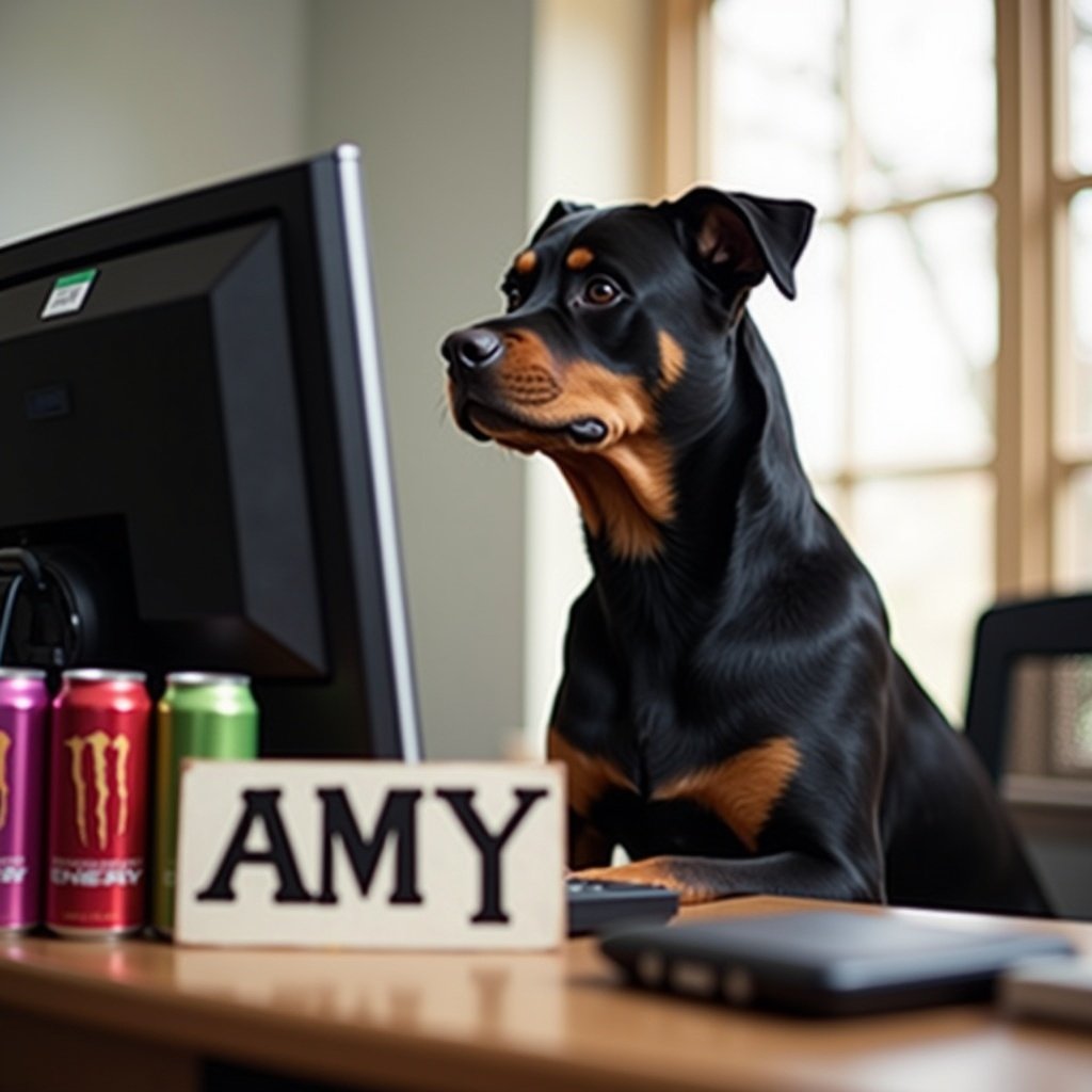 Rottweiler dog sits at a computer desk. Three cans of energy drinks are visible. A sign that reads 'AMY' is in front of the dog.