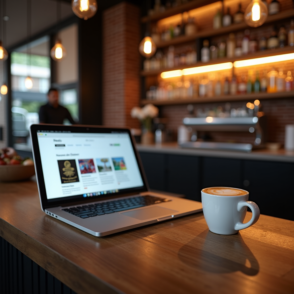 A cozy cafe scene with a latte and laptop on a wooden counter under warm lighting.