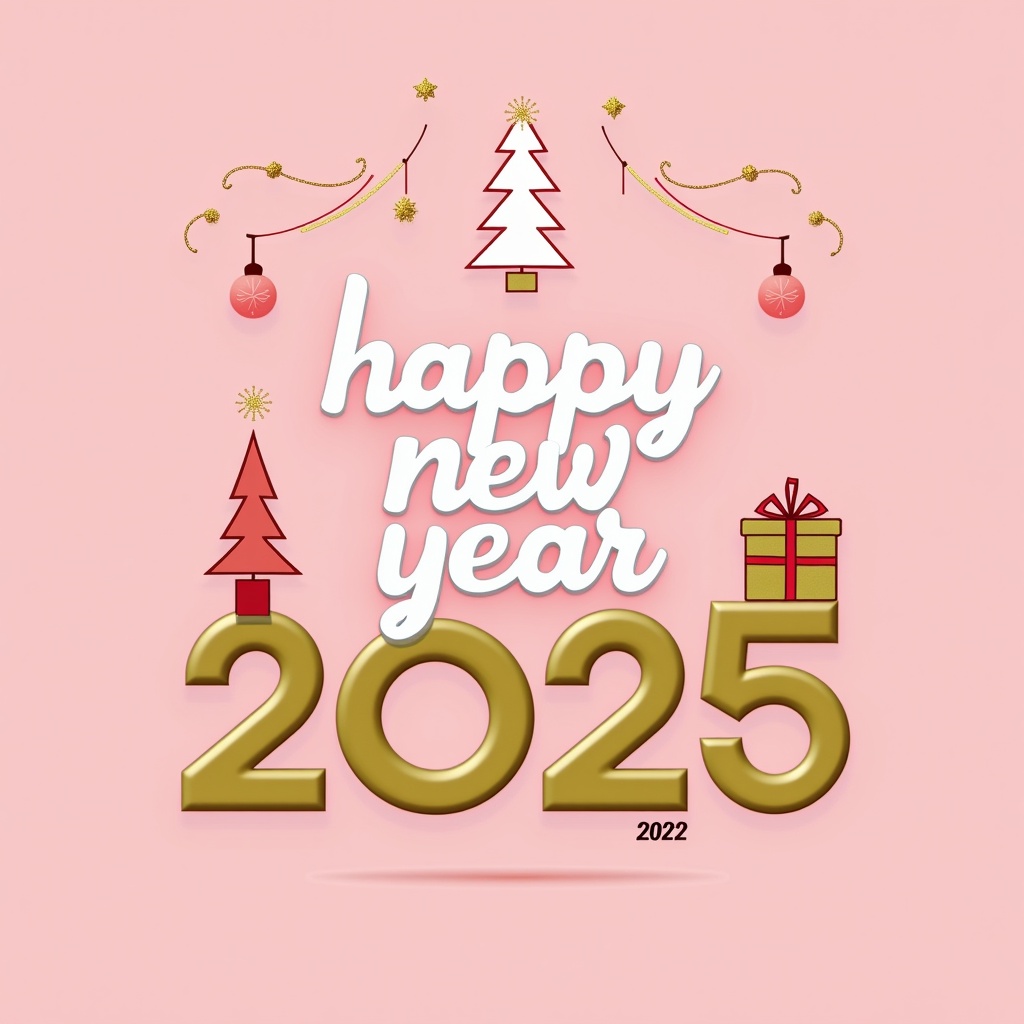 The image has a festive design for celebrating the New Year 2025. Features a pink background, stylized decorations including trees and gift boxes. Text reads 'HAPPY NEW YEAR 2025' in cursive and bold font. Overall aesthetic is modern and colorful, hints of gold suggest celebration. It conveys joy and fresh start for the upcoming year.