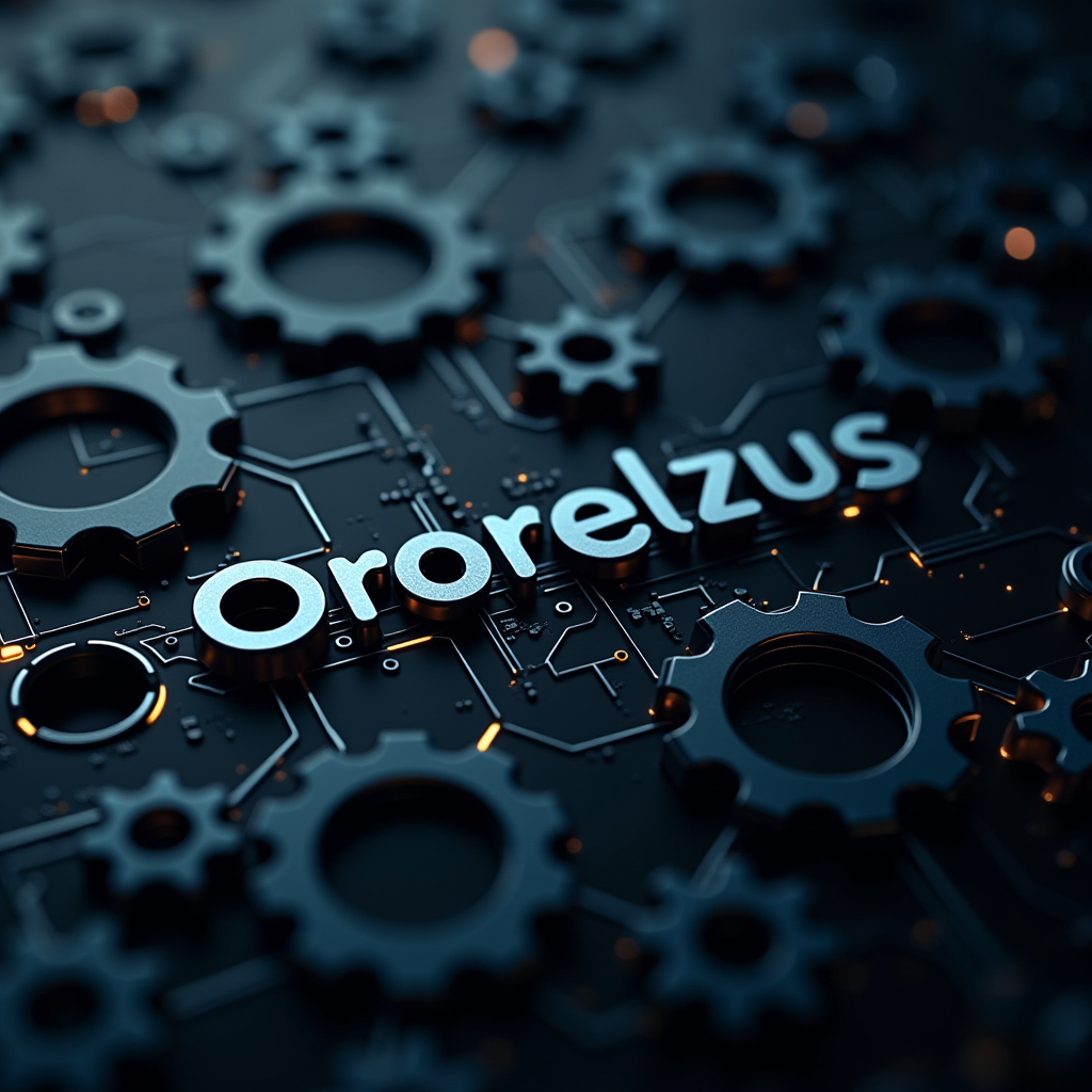 A digital artwork featuring interconnected gears with the word 'Ororelzus' in a futuristic setting.