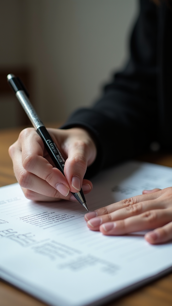 A person in a black sleeve writes on a notepad with a black pen, capturing a moment of concentration and detail.