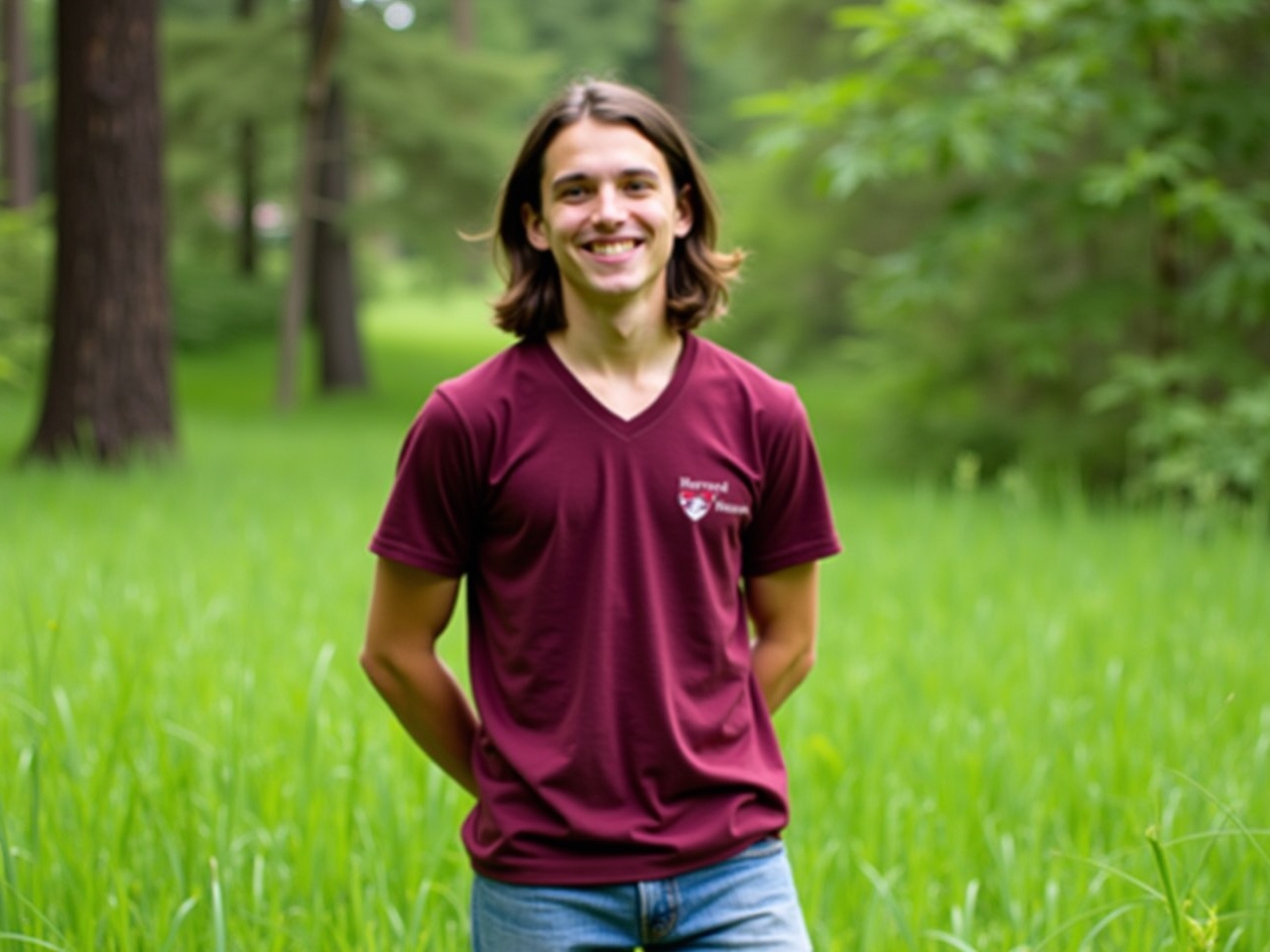 A student from Harvard University stands in a lush green forest setting. He has shoulder-length hair and is wearing a maroon V-neck t-shirt paired with denim shorts. His posture is relaxed, with his hands clasped behind his back. The background features tall grass and trees, creating a serene atmosphere. He has a slight smile on his face, giving off a friendly and approachable vibe. This scene captures a moment of leisure and calmness in nature.