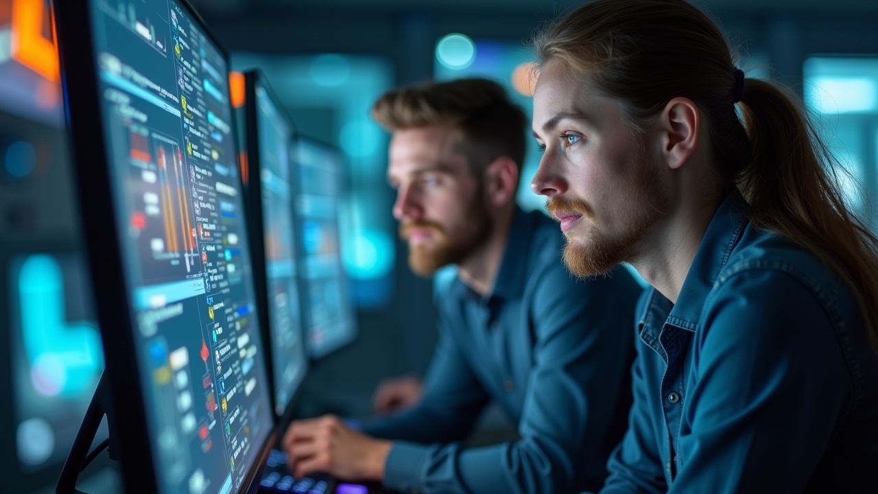 BIM professionals in a high-tech design studio. They collaborate using advanced tools. Close-up shots feature faces showing concentration and creativity. Lighting creates a magical atmosphere. This scene emphasizes the synergy of technology and creative minds.