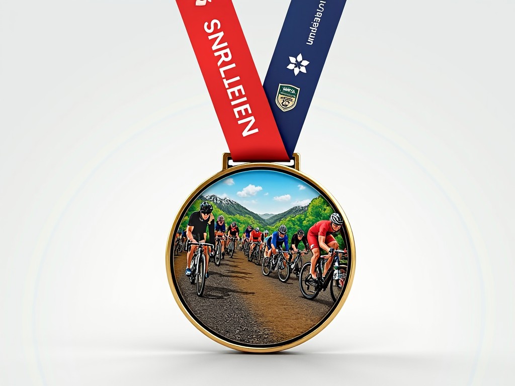 The image depicts a medal designed for a cycling event. The medal has a golden color, symbolizing achievement and success. At the center, there are cyclists actively participating in a race surrounded by green hills, illustrating a dynamic scene. The medals have colorful ribbons, one red and one blue, adding vibrance to the design. This medal represents dedication and endurance in sports, particularly cycling.