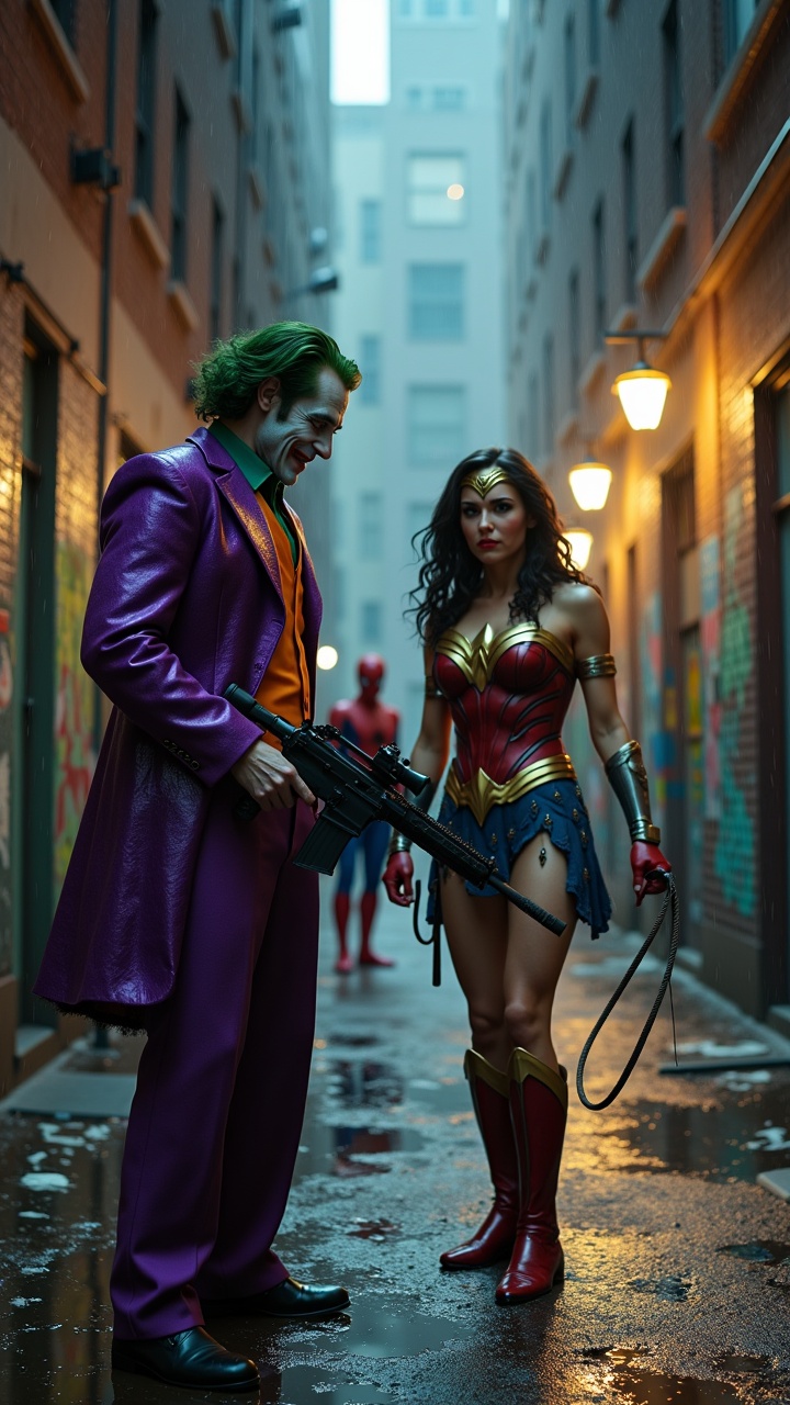 Comic book characters in a dramatic alley setting, featuring a hero and a villain with intense expressions and detailed costumes, under streetlamp lighting with a city backdrop.