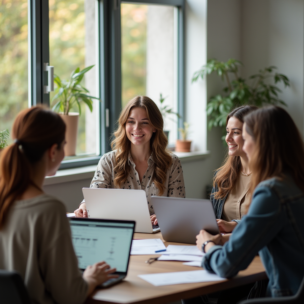 Four women are having a cheerful meeting in a brightly lit office with laptops and plants on the table.