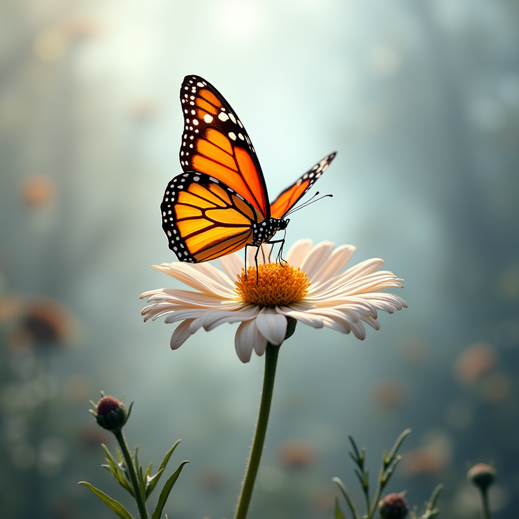 A vibrant butterfly perched delicately on a daisy blossom against a softly blurred background.