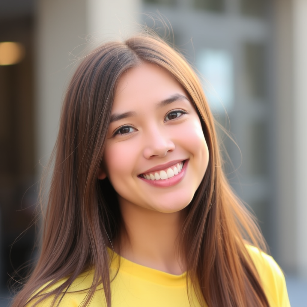 A person with long brown hair smiling brightly, wearing a yellow top, standing outdoors with a blurred background.