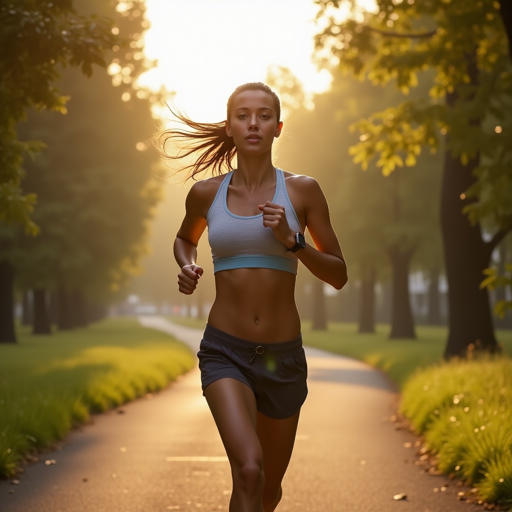 Image depicts a fit, healthy person jogging on a trail in a city setting. Natural elements surround the runner.