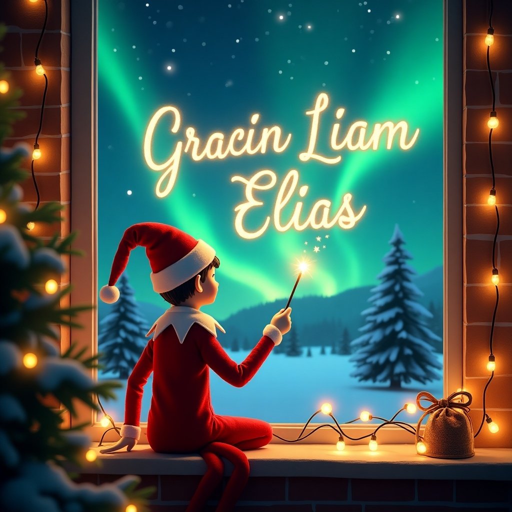 Enchanted Christmas scene with elf on window ledge. Elf dressed in red and white holding magic wand. Glowing script writing in night sky. Vibrant northern lights create magical ambiance. Christmas decorations and warm lights frame the scene.