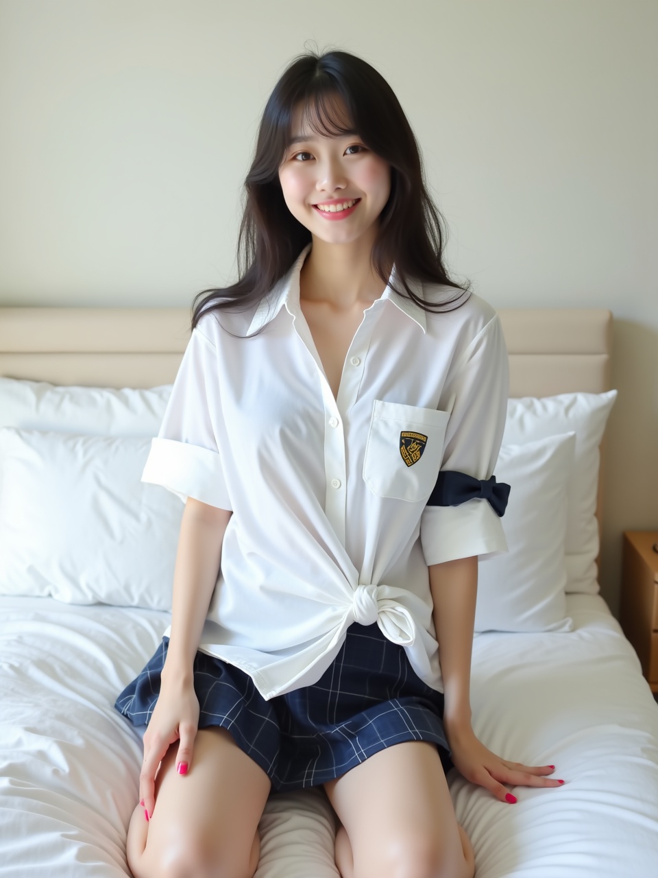 A young woman sitting on a bed in a well-lit room, wearing a white shirt and plaid skirt, smiling softly, natural lighting.