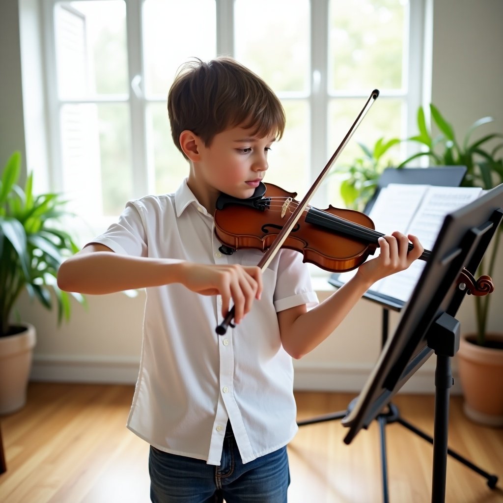 Young boy playing violin in a bright room. He is focused and looks engaged in his music practice. Natural light from the window enhances the warm atmosphere.