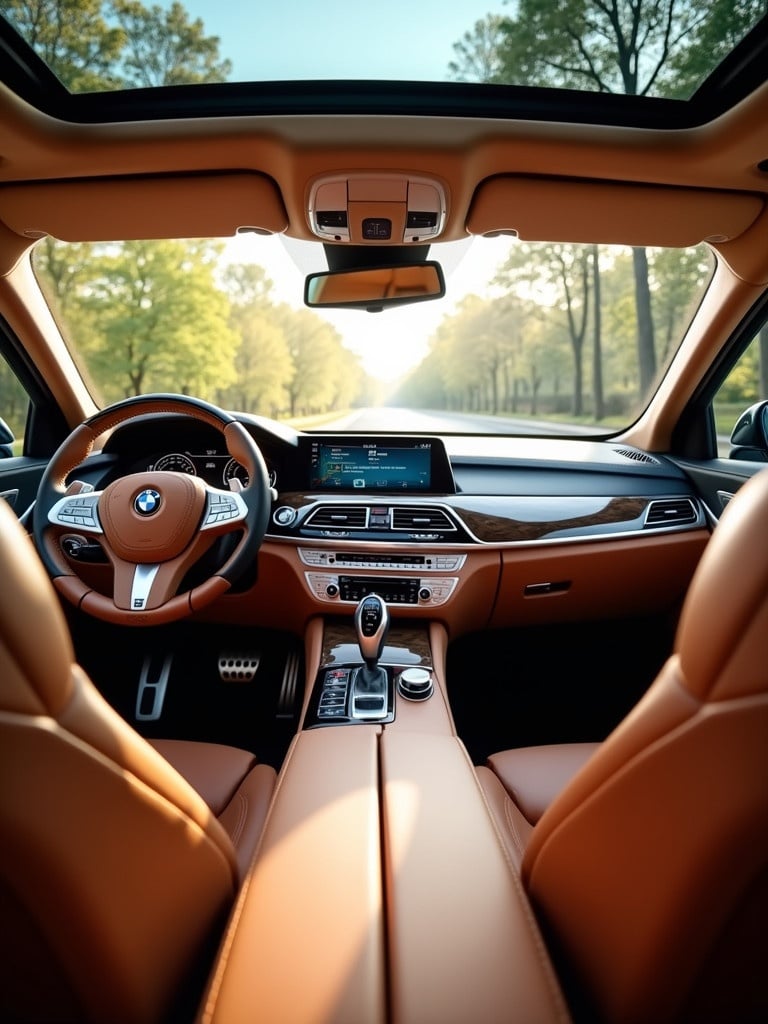 Interior view of a BMW car. Natural sunlight streams through the windshield. Sleek dashboard and leather seats are prominent. A clear view of trees outside the car enhances the ambiance.