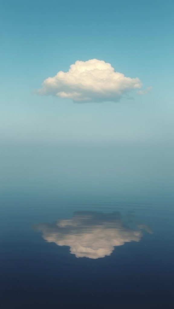 A single, fluffy white cloud floats in the sky against a backdrop of serene blue. Below, the cloud casts a perfect reflection on a calm, glass-like water surface, creating a symmetrical and peaceful composition. The simplicity and tranquility of the scene evoke a sense of calm and introspection.