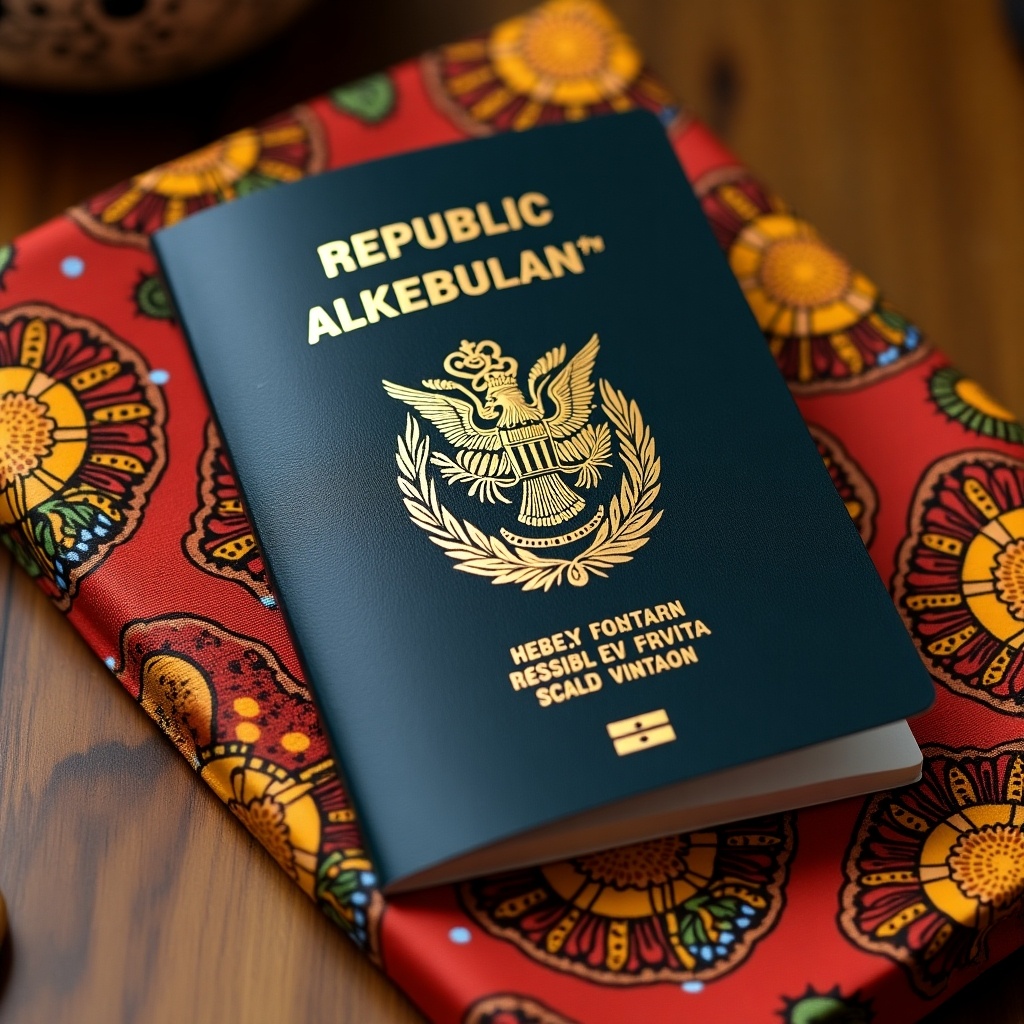 Passport of Republic of Alkebulan placed on a wooden table. Background features African cloth with vibrant patterns. Emblem on cover signifies national identity.