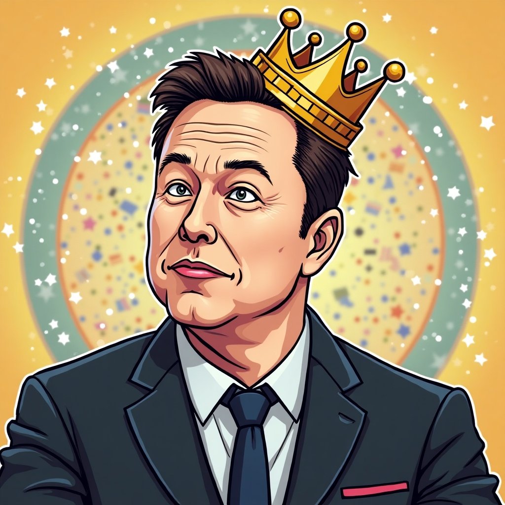 A cartoon-style image of Elon Musk wearing a crown. Features a bright yellow background with playful elements. The style is reminiscent of popular meme coins.