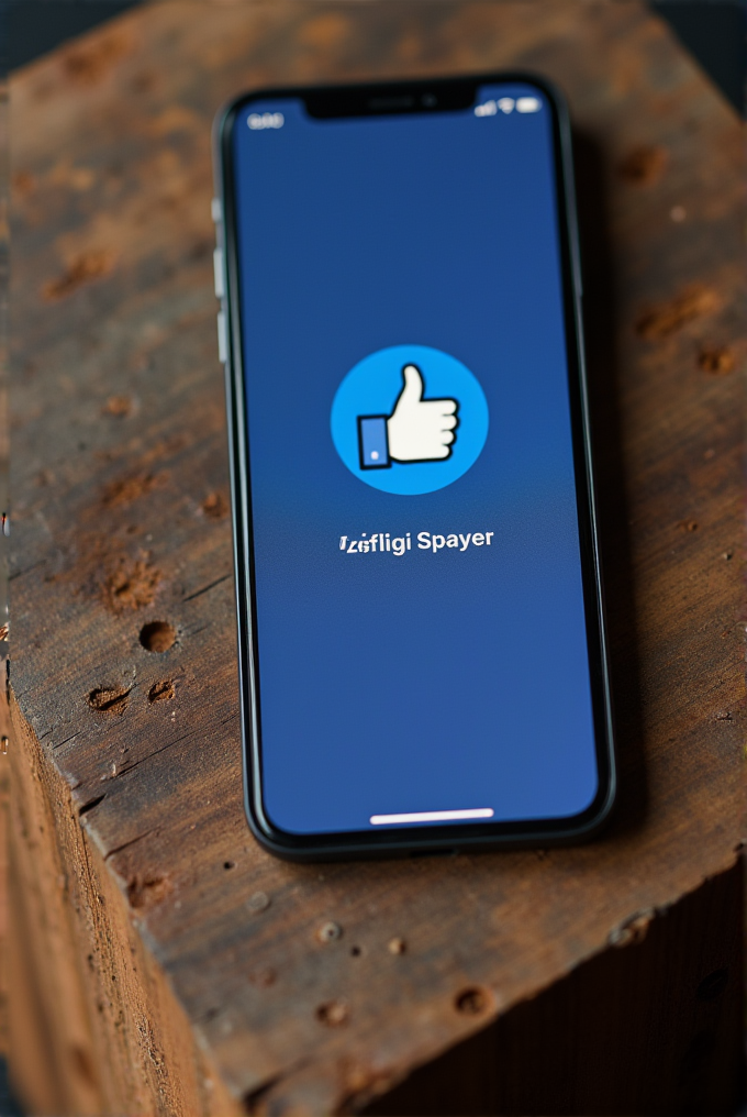 A smartphone rests on a wooden surface showing a blue screen with a thumbs up icon.