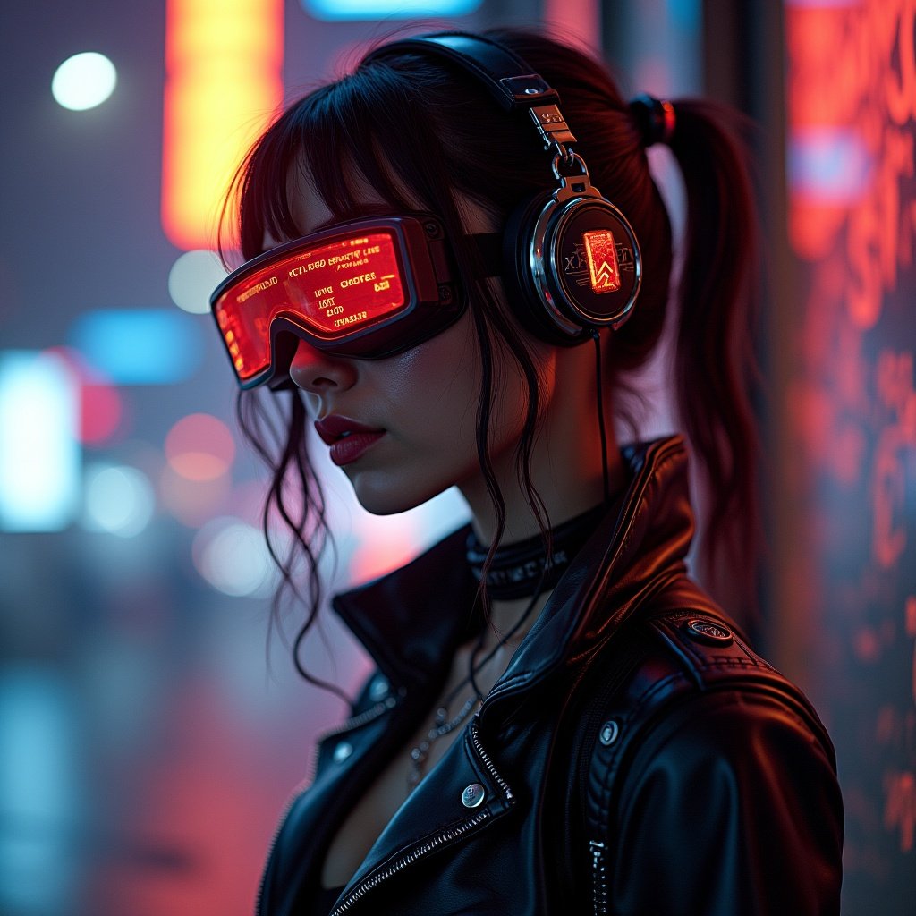 A cyberpunk woman wearing headphones in a vibrant city environment. Neon lights illuminate the scene. The setting conveys a futuristic nightlife atmosphere.