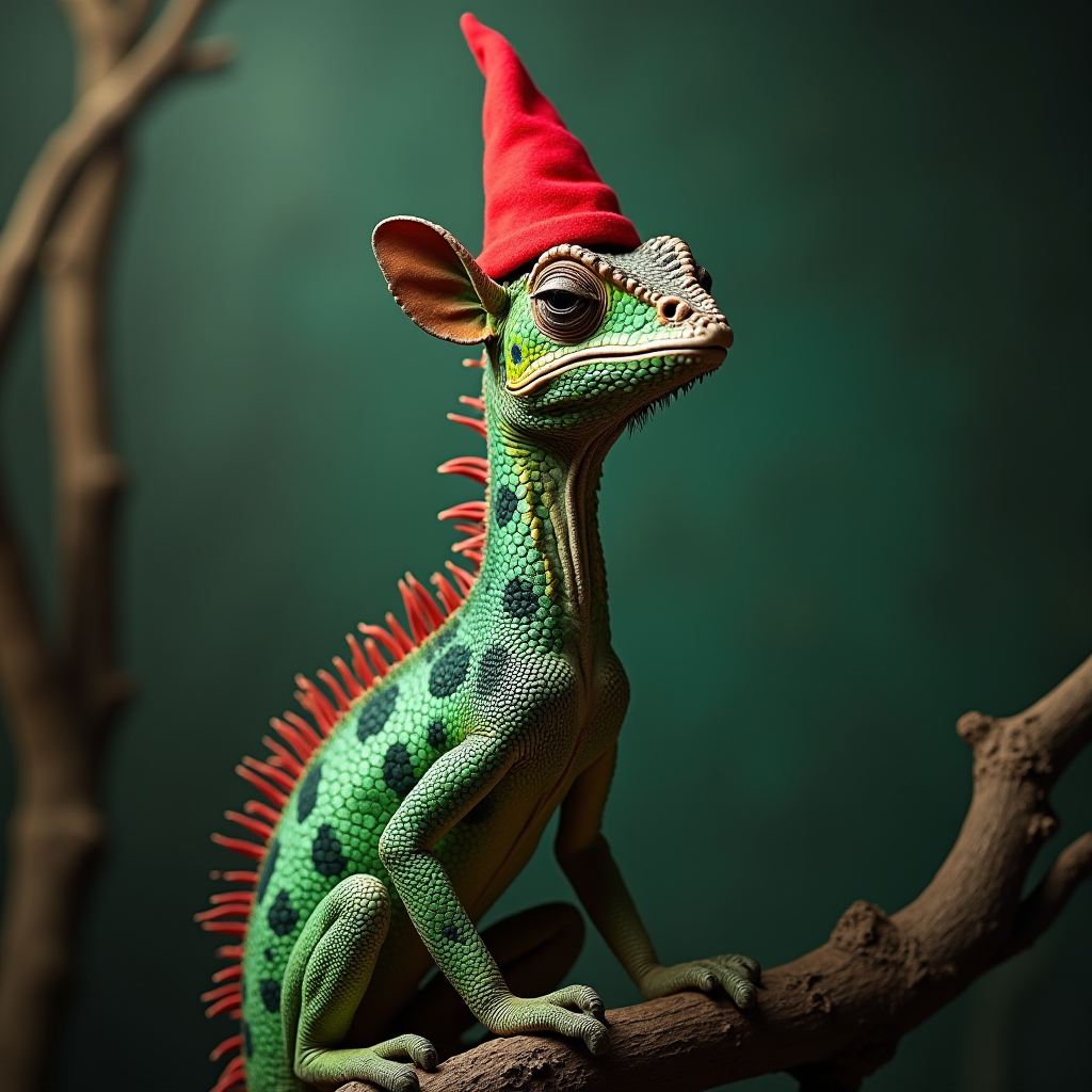 A colorful chameleon adorned with a whimsical red gnome hat perches gracefully on a branch.