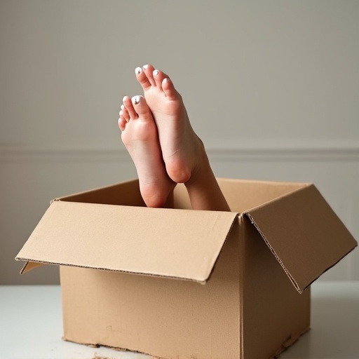 Female feet sticking out of a large cardboard box with white nail polish. Box has open flaps. Background is simple and neutral. No distractions in the scene.