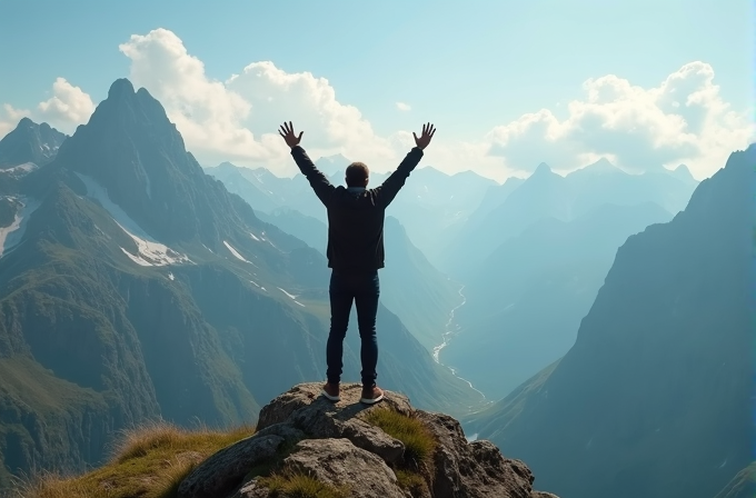 A person stands triumphantly on a mountain peak with arms raised, surrounded by breathtaking mountains.