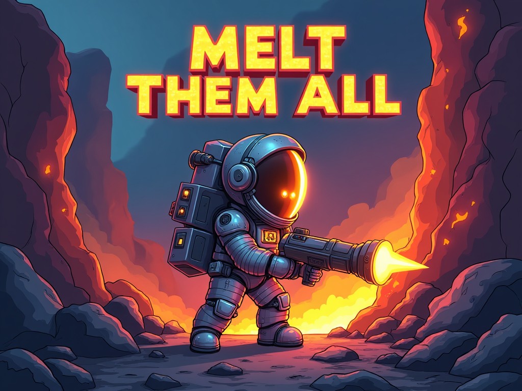 Astronaut with a futuristic weapon in a volcanic setting, text 'Melt Them All', digital art style