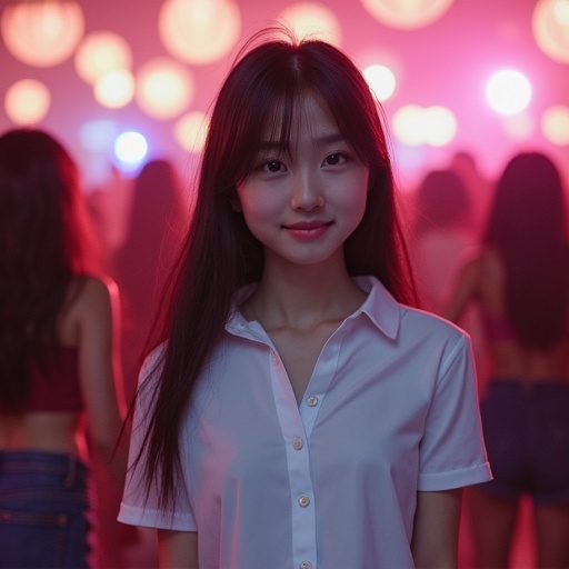 Asian girl with brown hair smiles while wearing a white short-sleeved collared shirt. She stands with her arm raised in a dancing party filled with other girls in the background. The scene is lively and realistic.