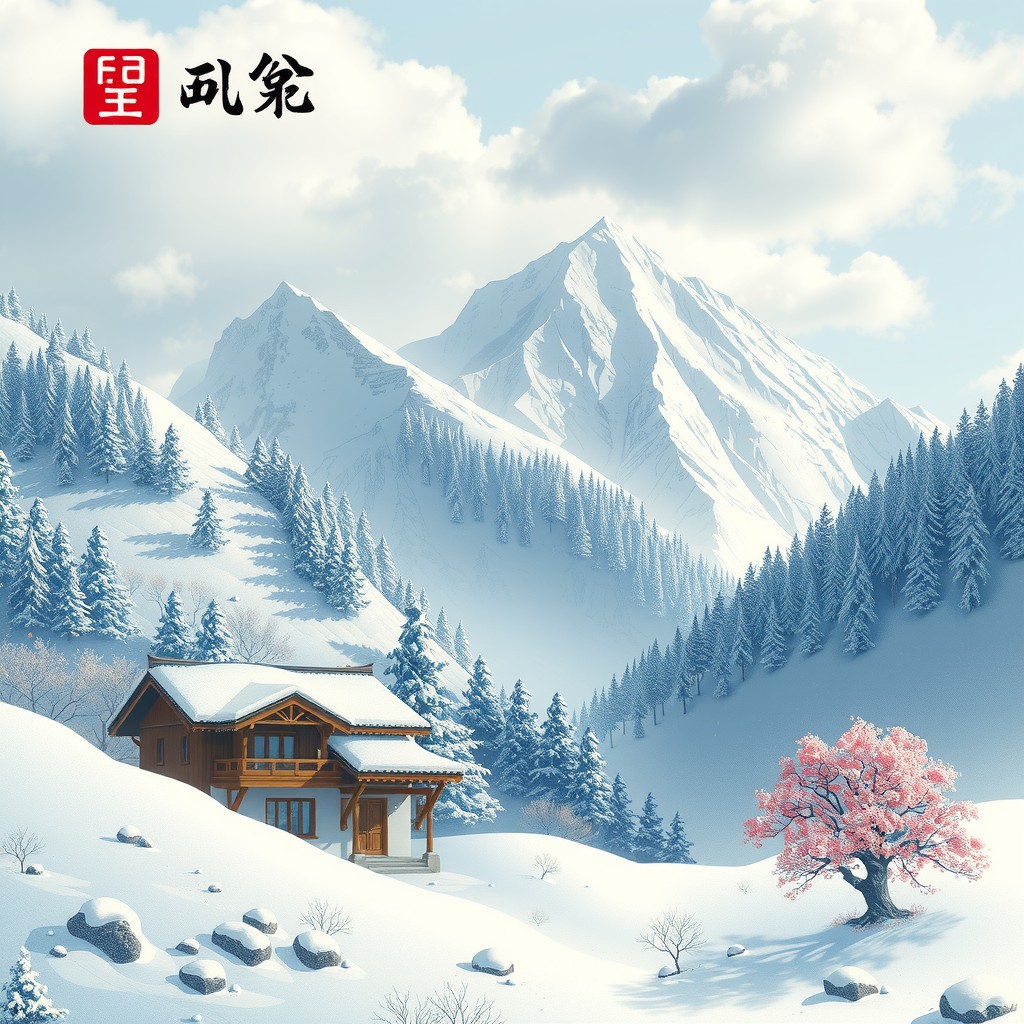 A cozy cabin nestled in a snowy mountain landscape with a lone cherry blossom tree in bloom.