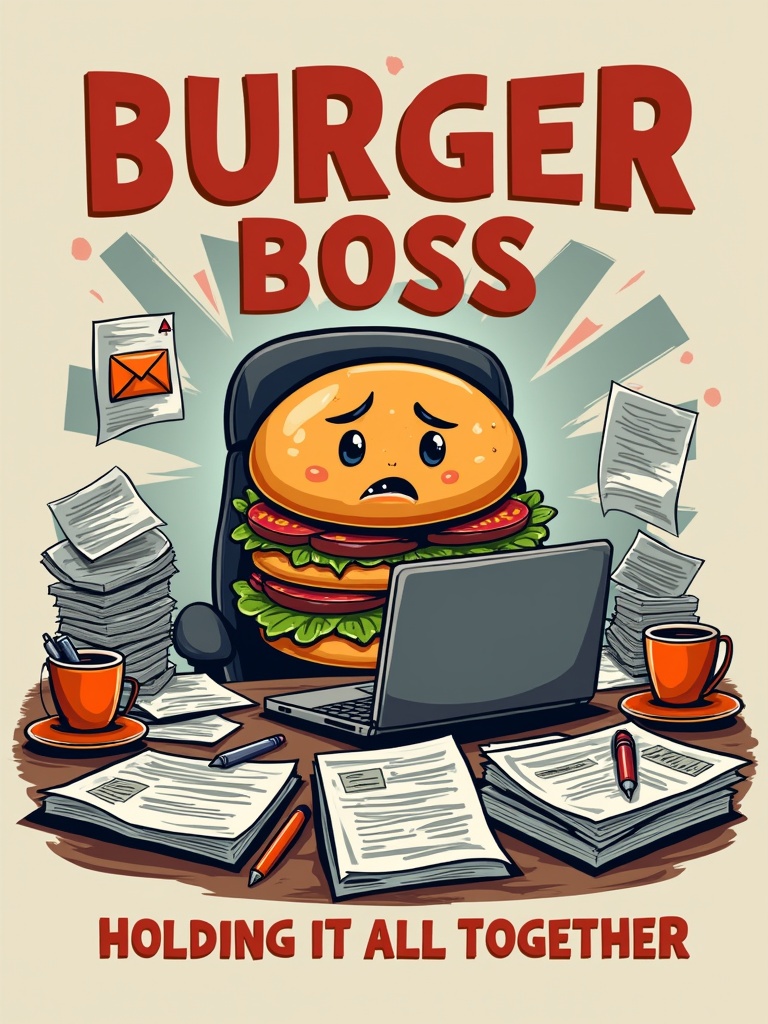 Illustrate a cartoon burger character seated at a desk surrounded by papers. The character displays a stressed expression. Include a laptop on the desk and coffee cups. Utilize bright colors for a cheerful vibe. Caption reads 'Burger Boss: Holding it all together'.