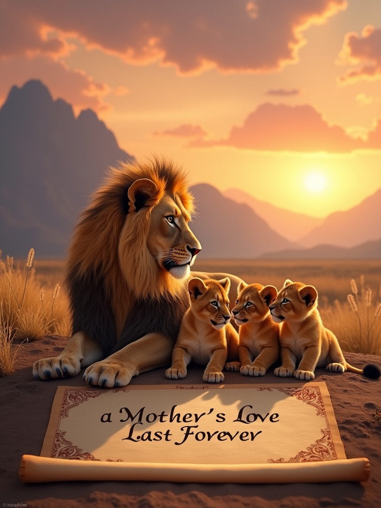 A lion rests with three cubs during sunset near mountains. A scroll displays an inscription honoring a mother's love.