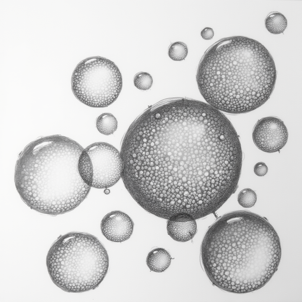 The image displays various sizes of textured spheres on a white background, resembling bubbles or planets.