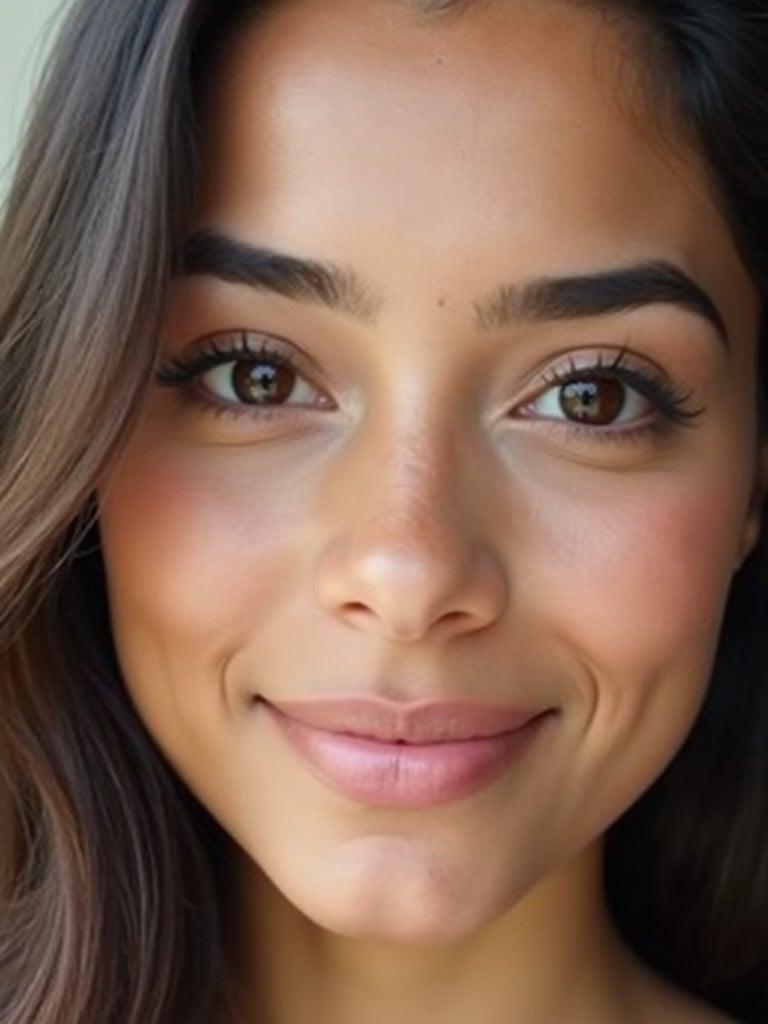 Close-up portrait of beautiful young woman. Natural makeup enhances features. Inviting expression showcases natural beauty.