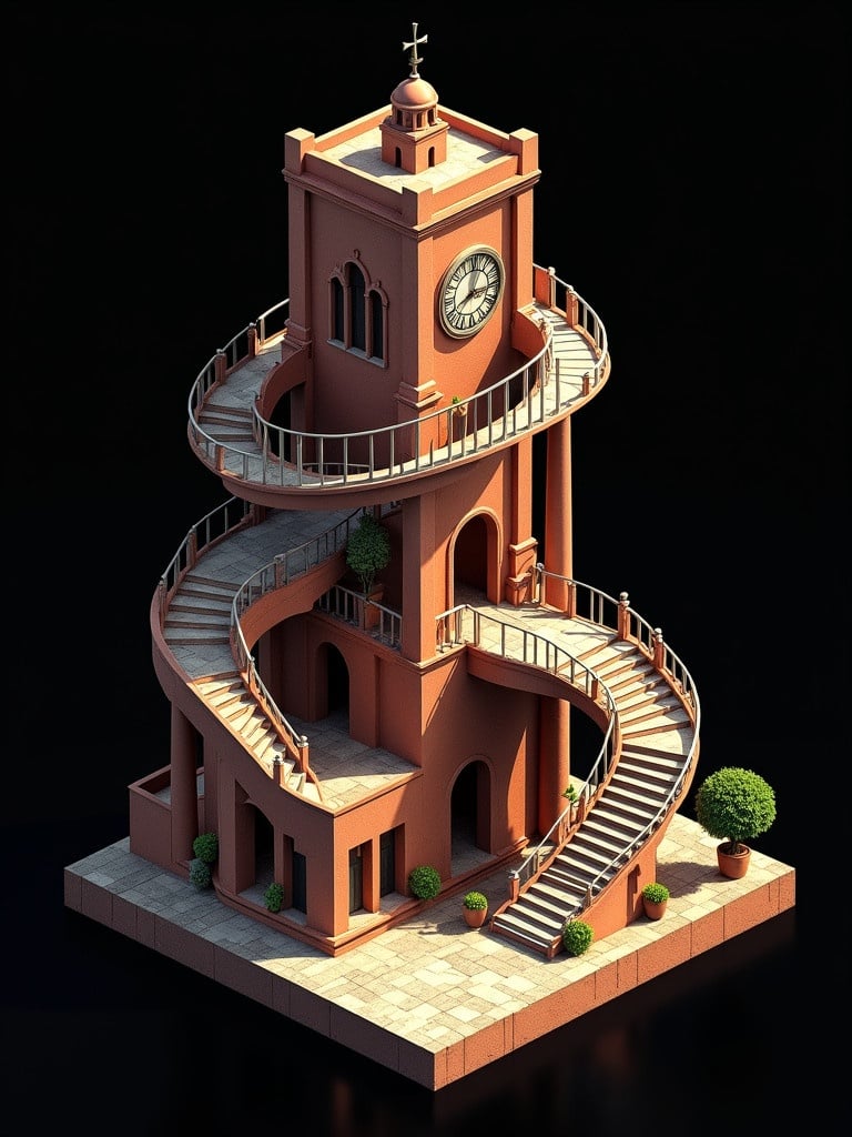 Generate a scene of an isometric building resembling an Incan clocktower. Focus on impossible geometries and interconnected elements inspired by M.C. Escher. The clock as a centerpiece made of dark terracotta and silver. Background is black. Include stairways, arches, pathways, and potted green succulents.