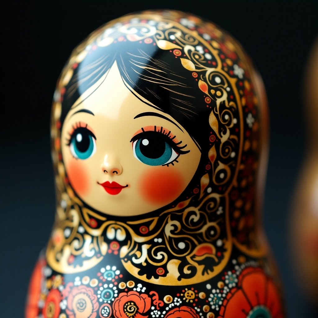 Close-up view of a matryoshka doll with visible microchips and components. Richly detailed and colorful design. Focus on craftsmanship and technology integration.