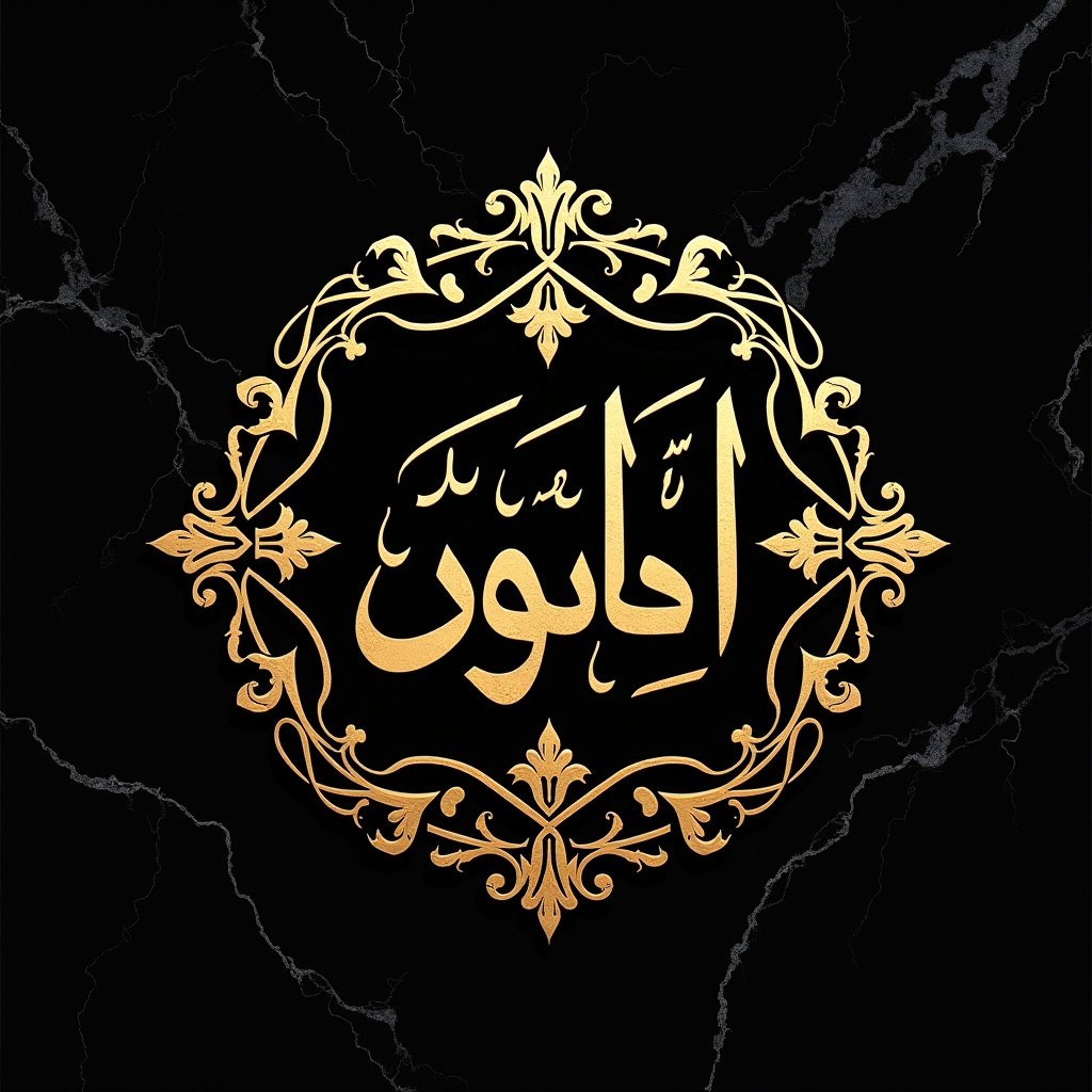 Luxurious modern Arabic calligraphy design for Jannat's Studio. Features intricate golden letters arranged in a circular layout with elegant flourishes on a black marble background. Striking and professional appearance suited for high-end branding.