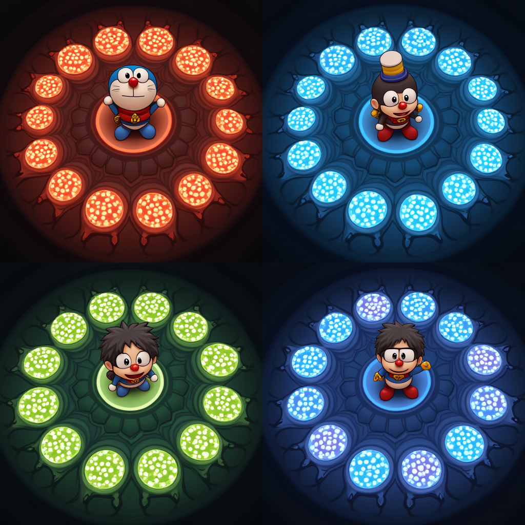 Four cartoon characters are surrounded by glowing, colorful circular patterns in a symmetrical layout.