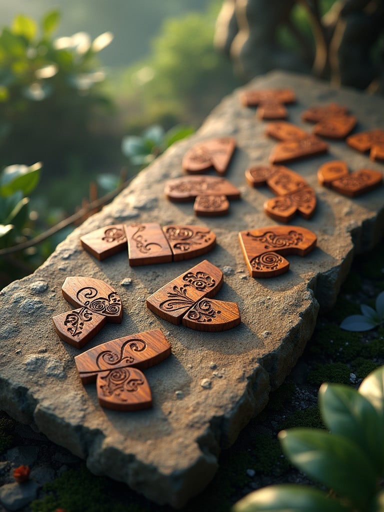 Tangram puzzle pieces made from Purpleheart wood Zebrawood cocobolo wood koa wood. Carved with flower dragon motifs. Scattered on stone tablet with Qin seal script. Surrounded by greenery and mist. Evokes ancient Asian setting. Rendered with rich colors and textures. Captured in high resolution.