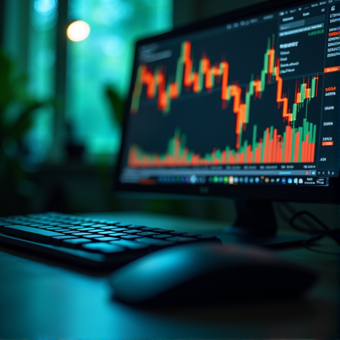 A computer monitor displays a stock market chart with candlestick patterns, viewed from a desk with a keyboard in a dimly lit room.