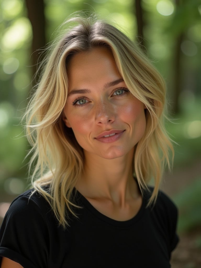 Image features a woman with blonde hair and sun-kissed skin in a forest. She wears a black t-shirt. Confident expression is captured in soft natural light.