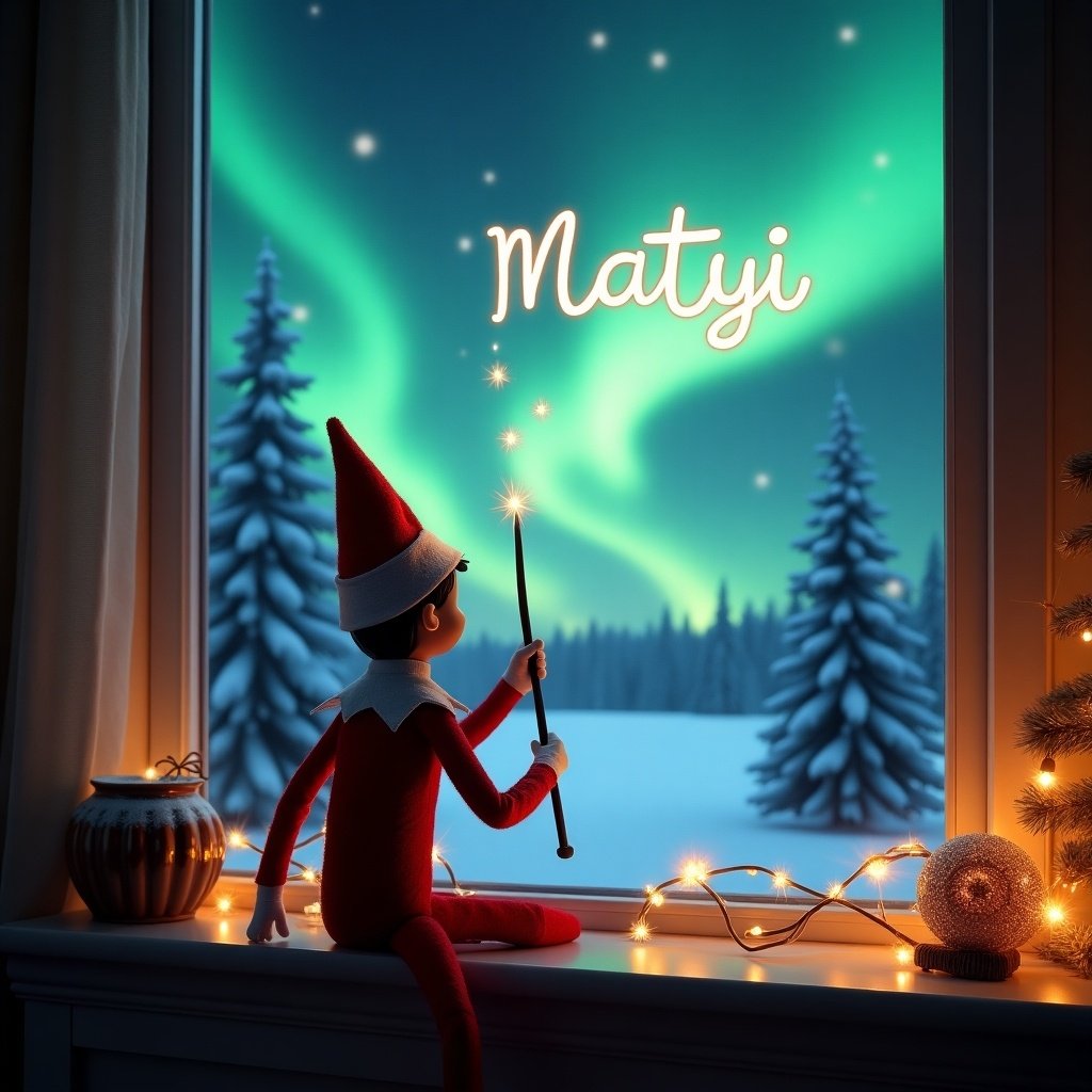 The image features an elf on the shelf with his back to the viewer, gazing out a window into a magical Christmas night. The elf is using a wand to write 'Matyi' in the sky. The background displays beautiful Northern Lights illuminating the scene. Outside, snow-covered trees create a winter wonderland. The room is cozy and decorated for Christmas, enhancing the festive atmosphere.