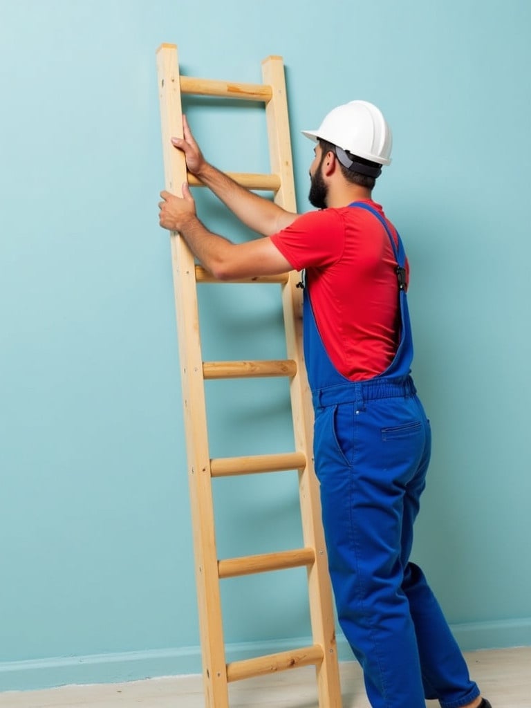 Worker wearing red shirt and blue overalls is climbing wooden ladder against light blue wall. The worker struggles because of far apart rungs. Safety hard hat is worn. Scene conveys effort and challenge in a construction context.