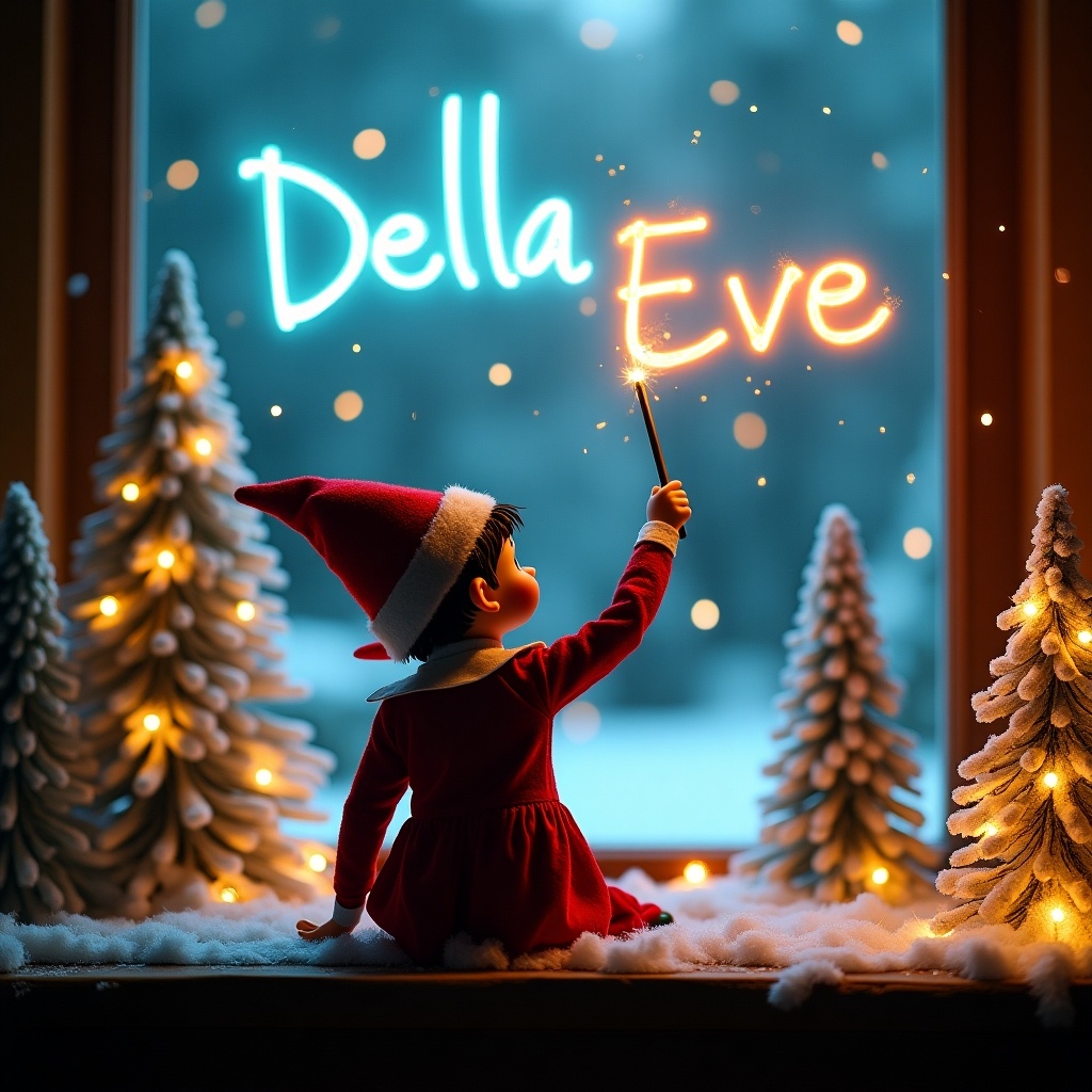 This enchanting Christmas scene features a playful elf on the shelf, enjoying the holiday magic. The elf faces the sky with its back to the viewer, wielding a magic wand. It creates glowing words 'Della' and 'Eve' in bright script above, filling the scene with a colorful ambiance. Snow-covered trees are adorned with twinkling lights, enhancing the festive atmosphere. The warm glow from the lights contrasts with the cool blue backdrop, creating a captivating holiday vibe.