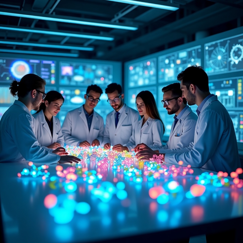 A modern biotech laboratory is lively with activity. Scientists in lab coats gather around a table with colorful molecular models. High-tech screens display dynamic scientific visuals in the background. Bright blue lighting enhances the lab's futuristic atmosphere. The scene highlights collaboration in pharmaceuticals and biotechnology.